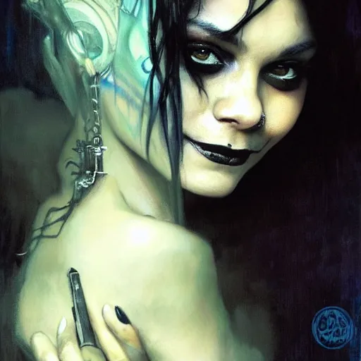 Image similar to beautiful portrait of vanessa hudgens as death from sandman, smiling, by cedric peyravernay, alphonse mucha, by jeremy mann, by lecouffe deharme, goth chic, soft lightning, eyeliner, punk rock, high detailed, 8 k