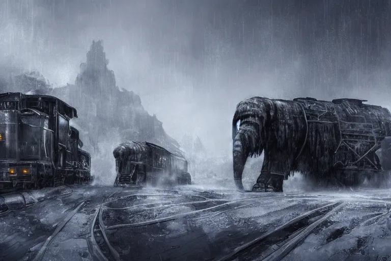 Prompt: a grand intricate futuristic black steam train next to a giant mammoth, post - apocalyptic ice landscape in snowstorm, concept art, artstation, highly detailed, digital art