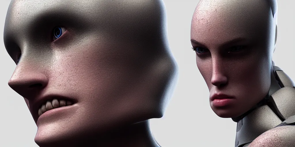 Image similar to hyper realistic symmetricial human face, ex machina, glossy material hard surface, body armour, octane render, 4 k, volumetric lights