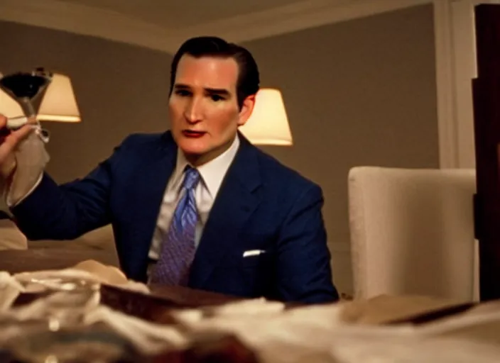 Image similar to film still of ted cruz as patrick bateman in american psycho