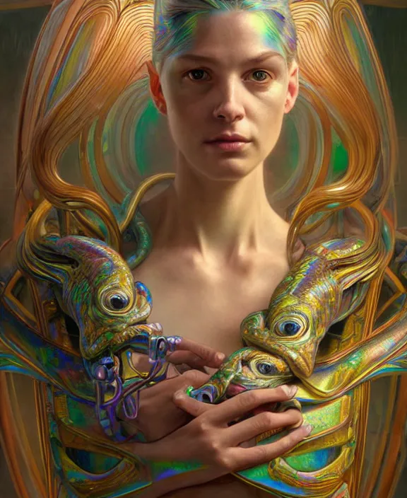 Prompt: intricate iridescent portrait of a disturbing beautiful alien snake creature, mottling coloring, adorable, childlike, medical equipment hospital environment, ultra realistic, concept art, art nouveau, photorealistic, octane render, 8 k, unreal engine. art by christopher marley and artgerm and greg rutkowski and alphonse mucha