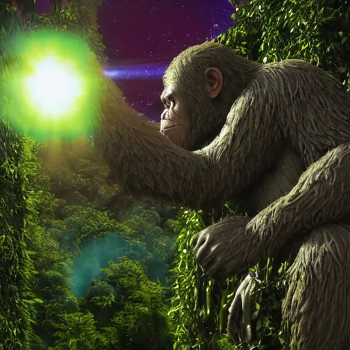 Image similar to cinema 4D colorful render, utopian jungle in space , planet of the apes, old decaying statue of ape from a far distance , a detailed zoned in human anatomy veins, nature, heavy green, dramatic lens flares, apes hanging from vines, a evil dark sun , depth field, unreal engine, sharp, incredible detail, professional composition, quality digital art, 4k, 4k concept art and hyper realism