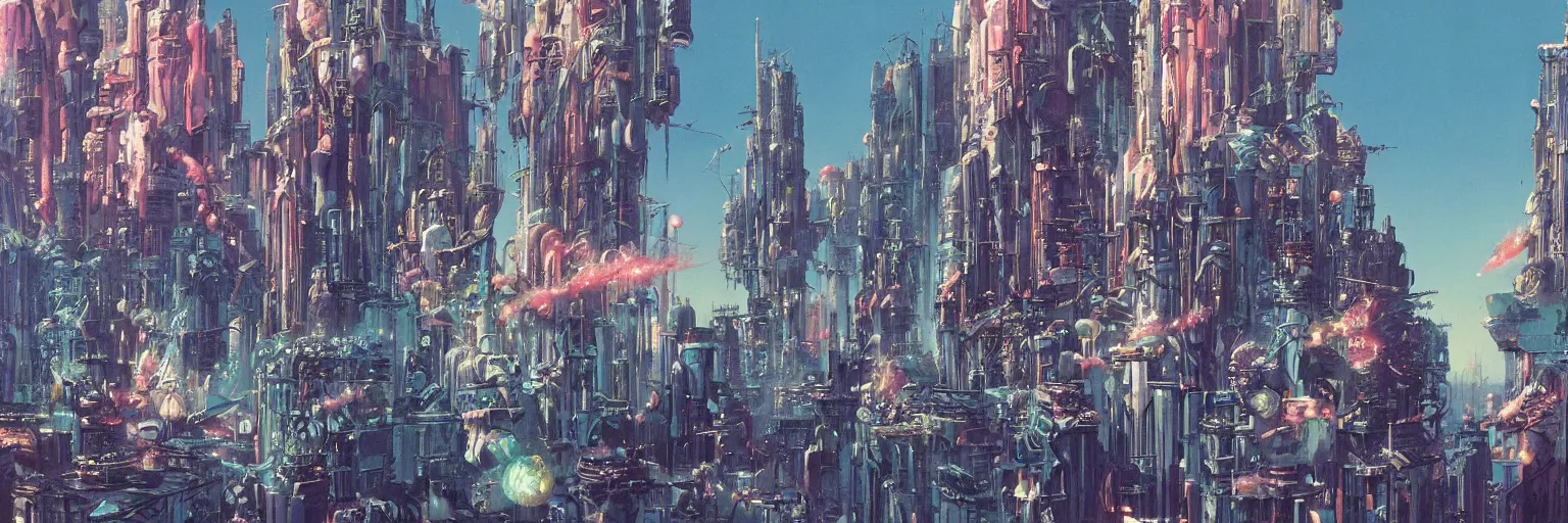 Image similar to a beautiful matte painting of a concoction of effervescent punkpastels cityscape by Dean Ellis, Katsuhiro Otomo, award winning, atmospheric, epic and stunning, intricate details, sense of awe, anthropomorphic, featured on artstation