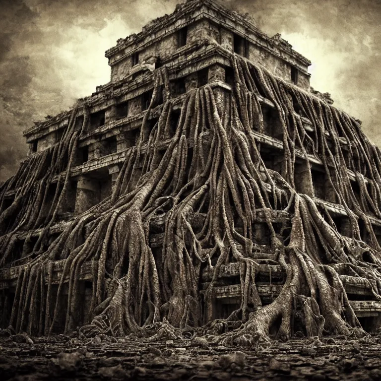 Image similar to still life of abandoned mayan temple, covered with tentacles, roots, wires, tubes, baroque painting, standing in a desolate empty wasteland, creepy, nightmare, dream-like heavy atmosphere, dark fog, surreal abandoned buildings, baroque painting, beautiful detailed intricate insanely detailed octane render trending on Artstation, 8K artistic photography, photorealistic, chiaroscuro, Raphael, Caravaggio, Beksinski, Giger