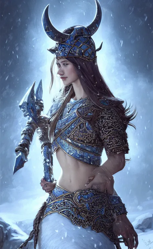 Image similar to azure viking warrior, regal, elegant, winter, snow, beautiful, stunning, hd, illustration, epic, d & d, fantasy, intricate, elegant, highly detailed, wide angle, digital painting, artstation, concept art, smooth, sharp focus, illustration, wallpaper, art by artgerm and greg rutkowski and alphonse mucha and jin xiaodi