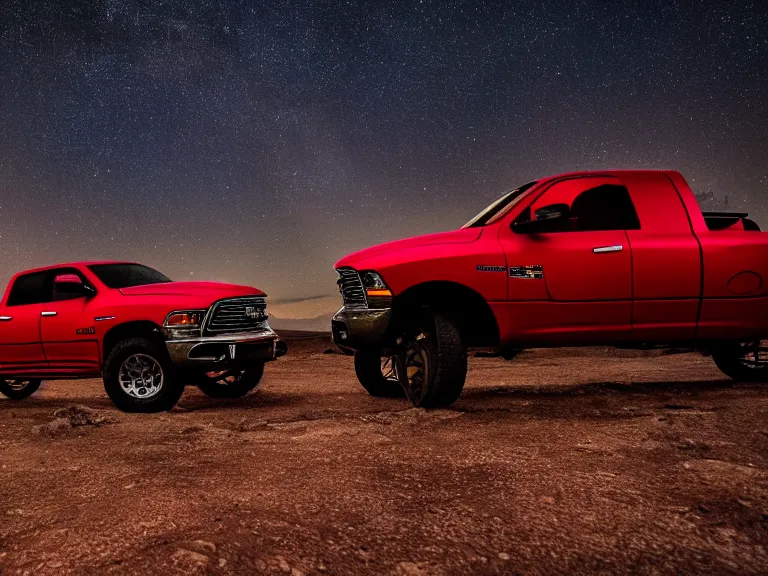 Image similar to dodge ram red power wagon overlanding on dry lake night, long exposure, milky way, award winning, cinematic