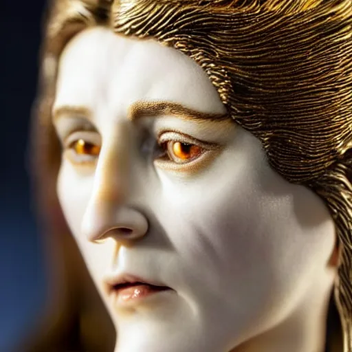 Image similar to photo taken of an epic intricate, ultra detailed, super realistic bust of a majestic gracious regal aristocratic brunette female vampire created by weta workshop, menacing, some zoomed in shots, photorealistic, sharp focus, white wall, extremely cold blueish colour temperature, 3 5 mm, f 1. 4, golden ratio