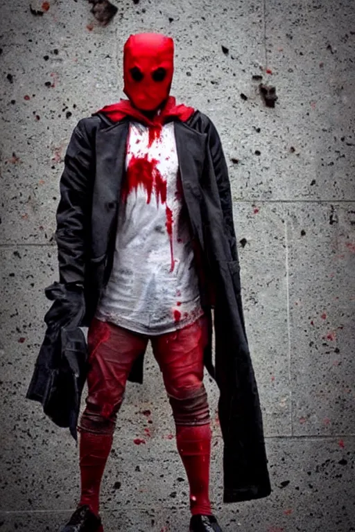 Image similar to red hood cosplay, creepy, disturbing, bloody, darkness, grainy