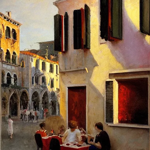 Image similar to italian restaurant in venice, sunny, shadows, richard schmid