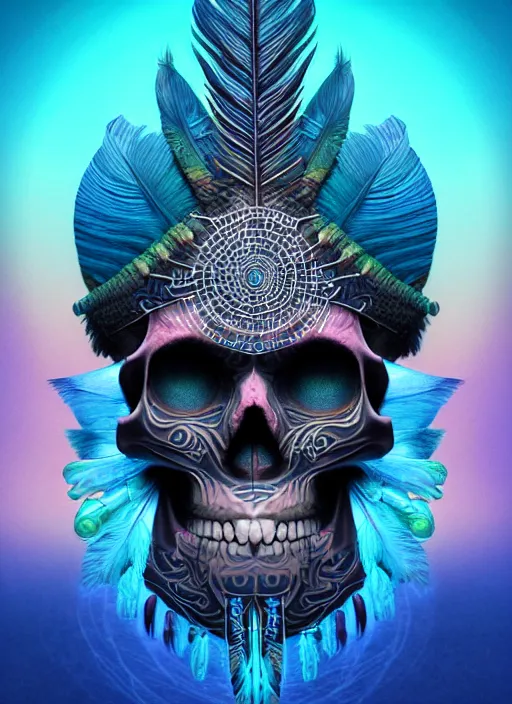 Image similar to 3 d shaman with tattoos profile portrait, sigma 5 0 0 mm f / 5. beautiful intricate highly detailed quetzalcoatl skull and feathers. bioluminescent, gradient background, plasma, frost, water, wind, creature, thunderstorm! artwork by tooth wu and wlop and beeple and greg rutkowski, 8 k trending on artstation,