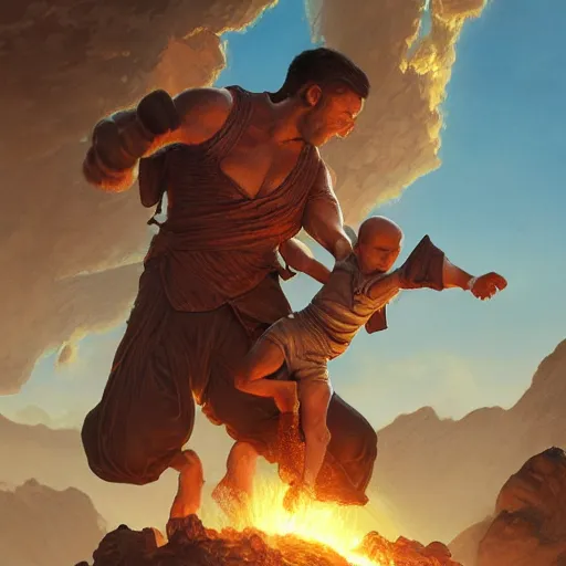 Image similar to ultra realistic illustration of an old fighter throwing his fighter son into a volcano, intricate, elegant, highly detailed, digital painting, artstation, concept art, smooth, sharp focus, illustration, art by artgerm and greg rutkowski and alphonse mucha