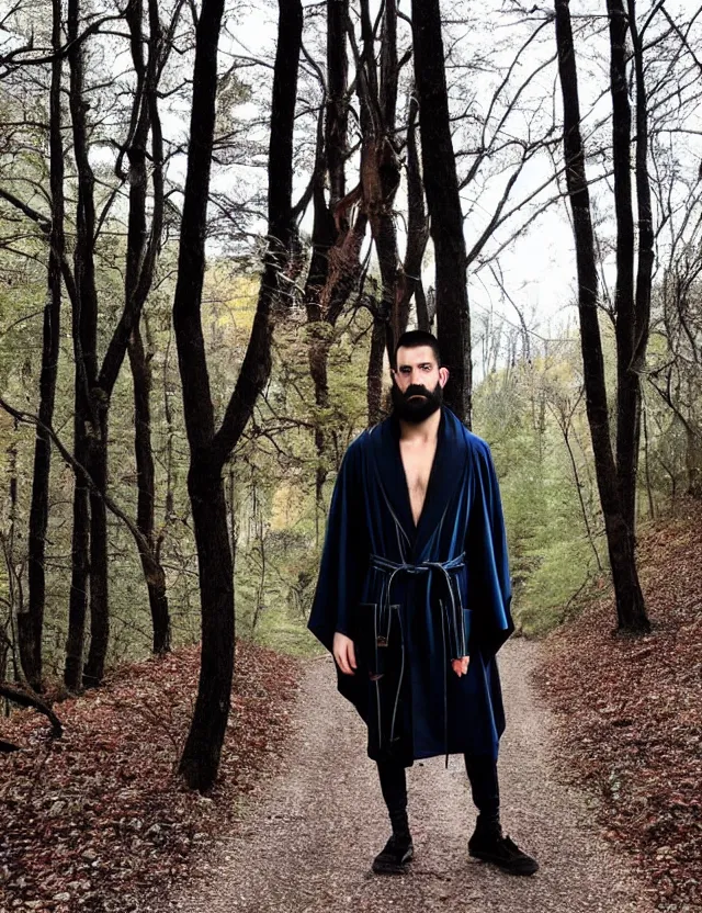 Image similar to longshot full modern detailed colorful cool handsewn textile cloak huge sleeves chiseled chin full beard shaved head nature creek river stream stones in the woods marc jacobs gucci robes chains necklace