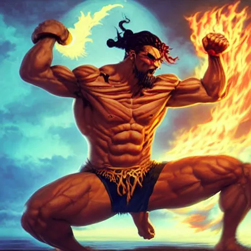 jason momoa as dhalsim street fighter, breathing fire, | Stable Diffusion