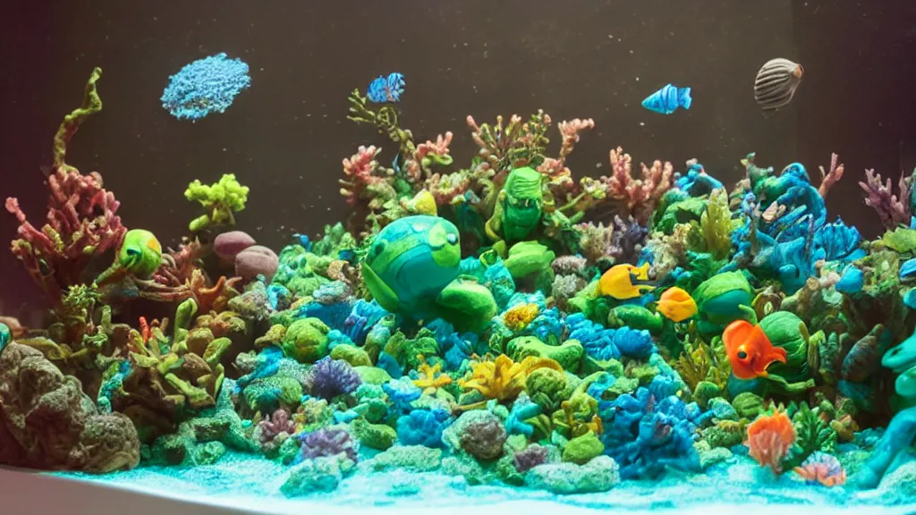 Image similar to an alien world contained in an aquarium made of plasticine