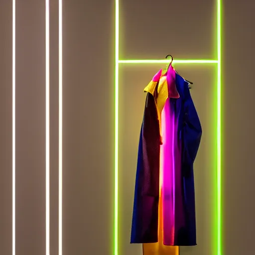 Image similar to an ultra high definition professional studio quality photograph of a transparent iridescent perspex pastel coloured raincoat with neon yellow guide ropes on a coat hook in an empty white room. dramatic lighting, ray tracing, refraction, shallow d. o. f, colour corrected, golden ratio, three point light. volumetric shadows. light rays.