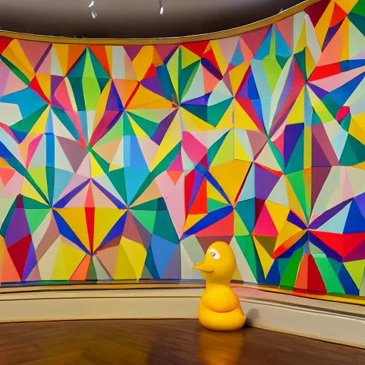 Image similar to wide shot, one photorealistic rubber duck in foreground on a pedestal in an art gallery, the walls are covered with colorful geometric wall paintings in the style of sol lewitt, tall arched stone doorways, through the doorways are more wall paintings in the style of sol lewitt.