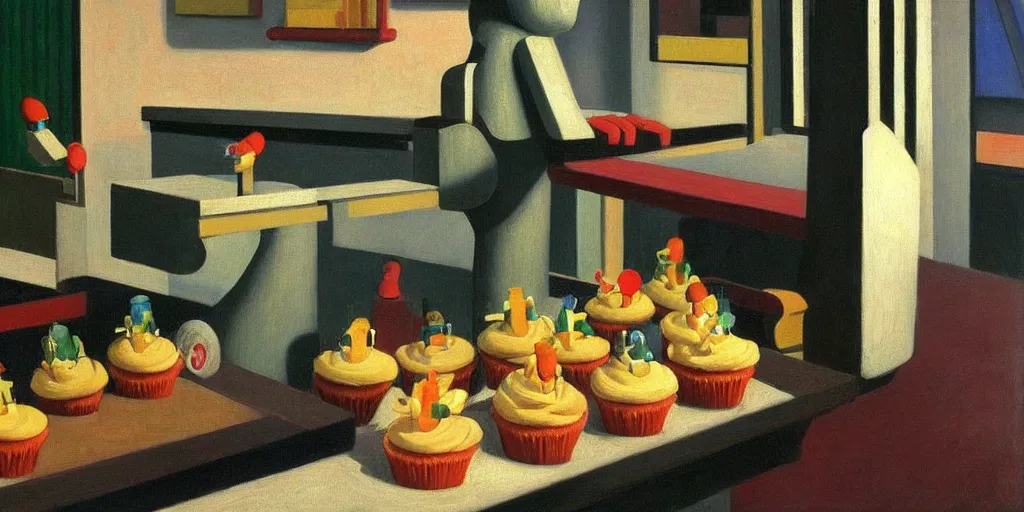 Image similar to robot with a beak dispensing icing onto cupcakes on a conveyor belt, grant wood, pj crook, edward hopper, oil on canvas