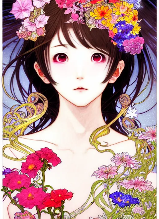 Prompt: exquisite imaginative manga portrait art of vampries girl, flowers, pearlescent, shimmering, reflective, rim light, clear face, detailed background, by kojima ayami, shigenori soejima, minaba hideo, alphonse mucha, art nouveau, illustration, pivix, concept art, highly detailed, colorful, maximalist