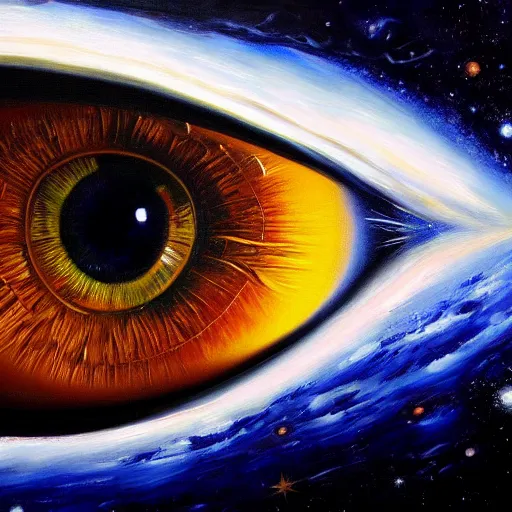 Image similar to a highly detailed photorealistic painting of a human eye reflecting outer space