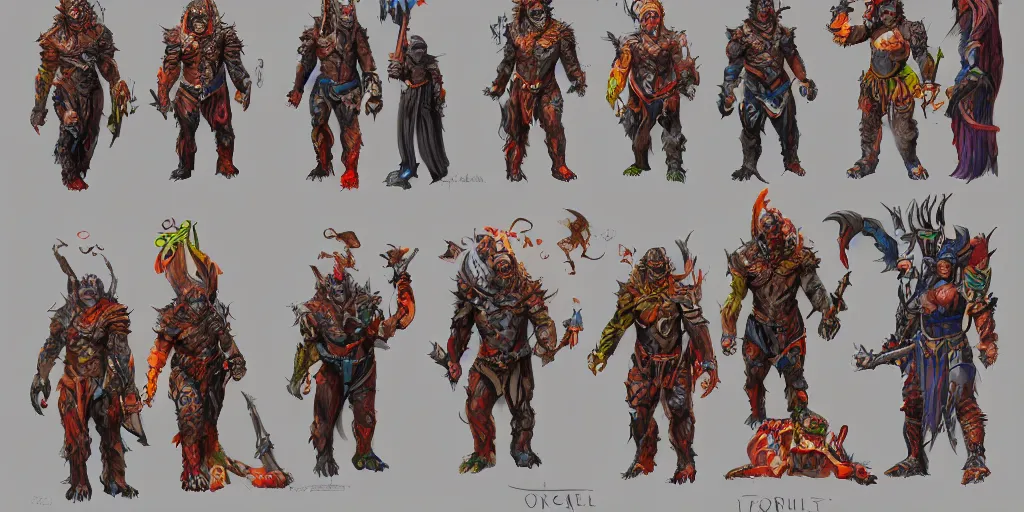 Prompt: different views of orcs, colourful intricate!! concept art by senior character artist, trending on artstation, full body character design