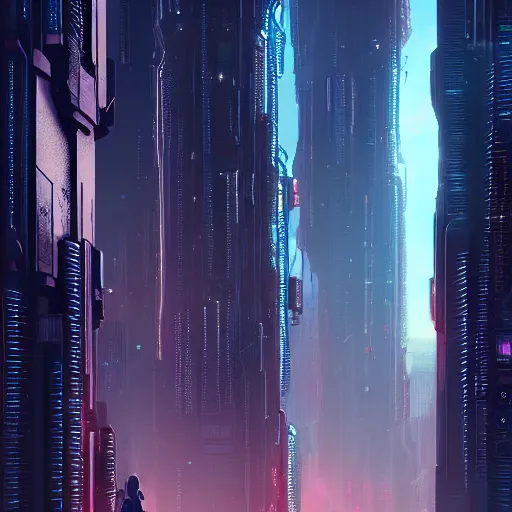 Image similar to A dream beyond horizon. ArtStation, Cyberpunk, Vertical Symmetry, 8K, Highly Detailed, Intricate, Album Art.