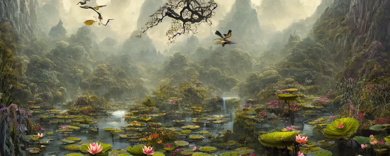 Prompt: path thru flower valley with little lotus ponds, birds eye, vista view, peter mohrbacher, vladimir kush, michael whelan, bill stoneham, tsutomu nihei, jane graverol, kay sage, digital art, airbrush, art nouveau, intricate, clear, looming, epic, depth, artstation, highly detailed, blender, Unreal Engine, octane render, vray, 8k