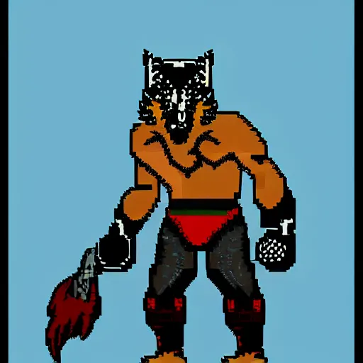 Prompt: full body portrait. 8 bit nes graphics. antropomorphic muscular masculine wolf. kickboxer fighter, in shorts. wolf head. furr on body. side view. postapocalyptic night city on background