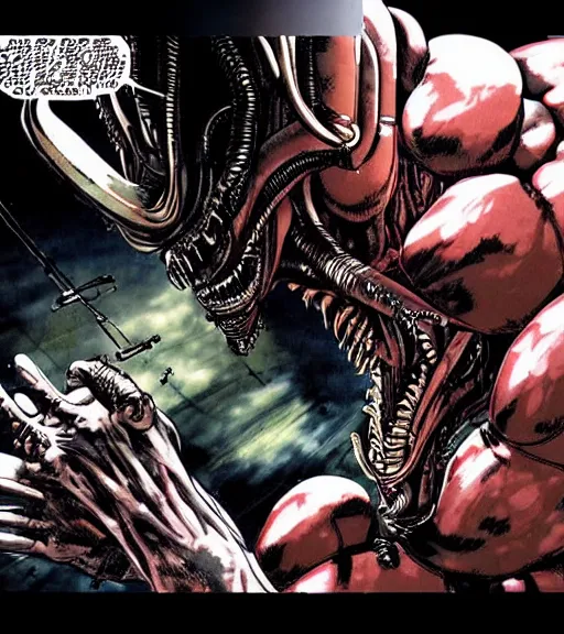 Image similar to a scene of a man face to face with a dangerous xenomorph predator alien creature, comic book art, by yoji shinkawa and takehiko inoue and kim jung gi, masterpiece, perfect