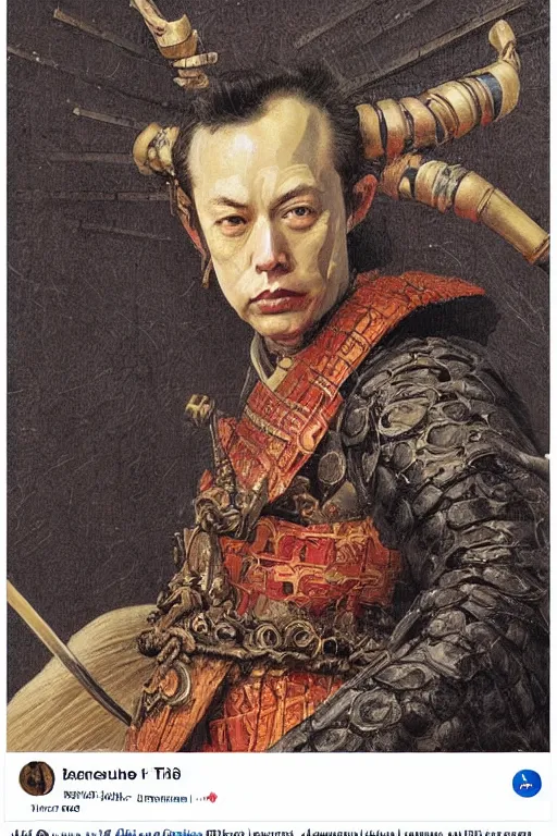 Image similar to Baroque painting of a Elon Musk as a samurai, inspired by Gustav Moreau and Wayne Barlowe, exquisite detail, hyper realism, ornate, exquisite detail, cute face