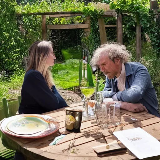 Prompt: man and woman sitting at table in garden. on the table there is beer and wine. the sun shines. folk horror. detailed. clematis. arbour