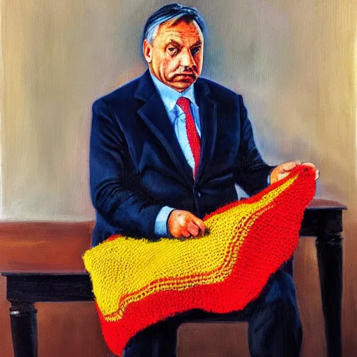 Image similar to viktor orban knitting a scarf, oil painting