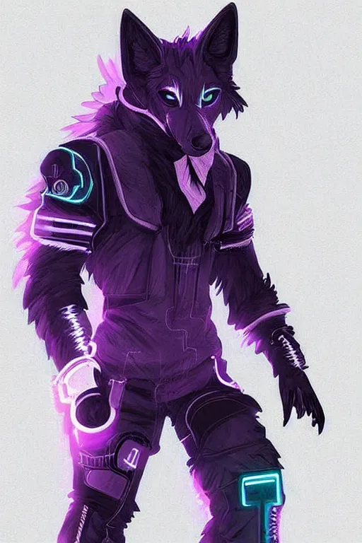 Image similar to a cyberpunk anthropomorphic wolf with a fluffy tail, comic art, trending on furaffinity, cartoon, kawaii, backlighting, furry art!!!, neon, concept art