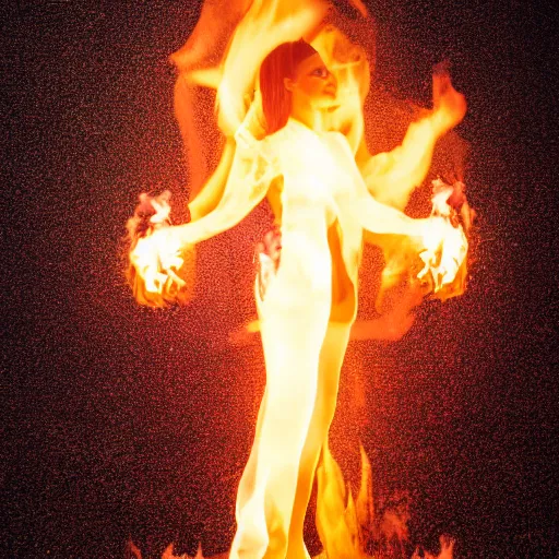 Prompt: fire in the shape of a woman with open arms, black background