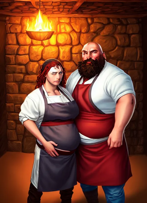 Image similar to an epic fantasy comic book style portrait painting of a hearty man with a big belly and thick beard and large woman who are a couple in a tavern with them both wearing aprons, unreal 5, daz, hyperrealistic, octane render, cosplay, rpg portrait, dynamic lighting