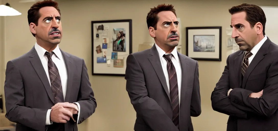 Image similar to a very high resolution image of tony stark and micheal scott. from an episode of the office. photorealistic, photography