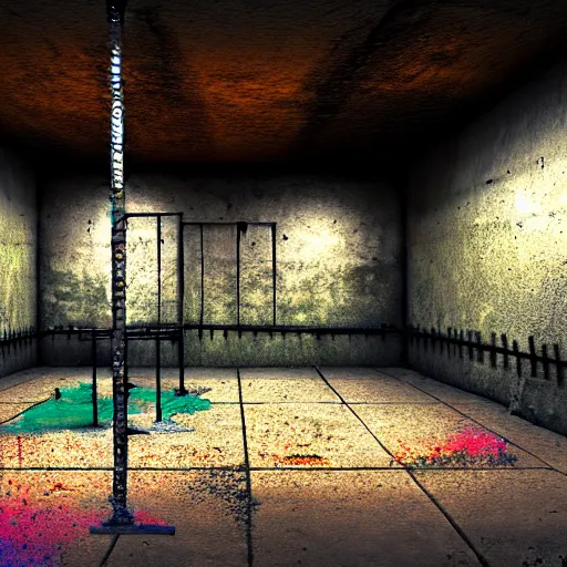 Image similar to underground prison, corroded metal bars, concrete, colorful tapestries, rugs, concept art