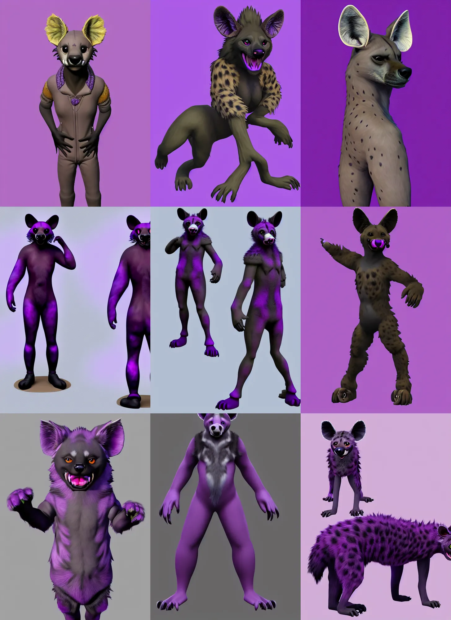 Prompt: a full - body centered front - perspective furry male fursona portrait, a male hyena fursona, purple and black fur color scheme, trending on weasyl, painted in zbrush, high - resolution, photorealistic