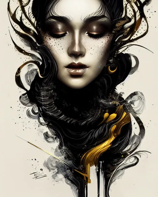 Prompt: intricate calligraphy smoke ink beauty portrait, dripping black gold paint, stylized fantasy polygon art by WLOP, artgerm, peter mohrbacher, artstation