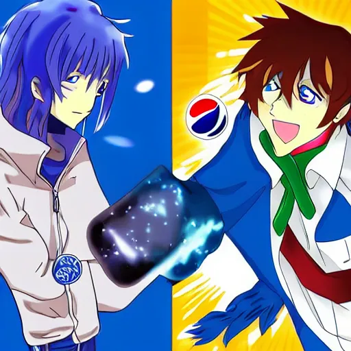 Image similar to anime, shaggy god vs pepsi man