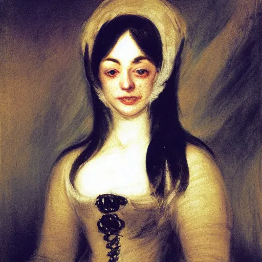 Prompt: morgana from fata morgana, smiling, painted by joseph mallord william turner, portrait