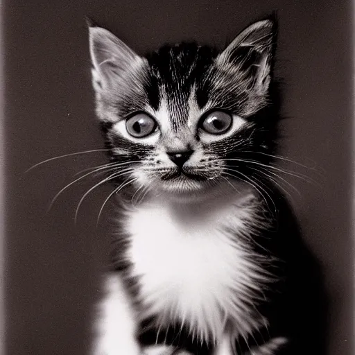 Image similar to a portrait photo of a cute kitten wearing a tuxedo by edward weston, auto graflex, 2 1 0 mm ƒ / 6 4 zeiss tessar, agfa isopan iso 2 5, pepper no. 3 5, 1 9 3 0, high quality photo, highly detailed, studio lighting, fine - art photography, tack sharp