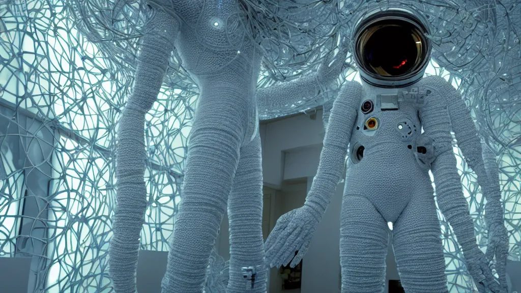 Image similar to a cybernetic symbiosis of a single astronaut eva suit made of pearlescent wearing knitted yarn thread infected with diamond 3d fractal lace iridescent bubble 3d skin covered with stalks of insectoid compound eye camera lenses floats through the living room, film still from the movie directed by Denis Villeneuve with art direction by Salvador Dalí, wide lens,