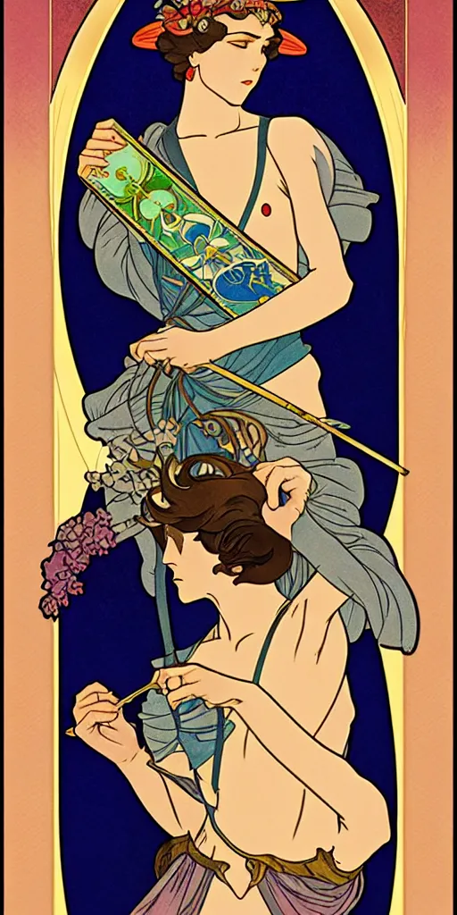 Image similar to the fool, ryder tarot card with an art deco boarder, high quality, digital painting, by studio ghibli and tammara de lempika and alphonse mucha, artgerm