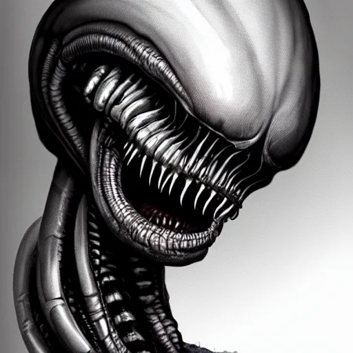 Image similar to Chestburster from Alien with Elon Musk's face, horror, dark, monochrome, style of HR Geiger, highly detailed, digital painting, artstation, concept art, matte, sharp focus, illustration