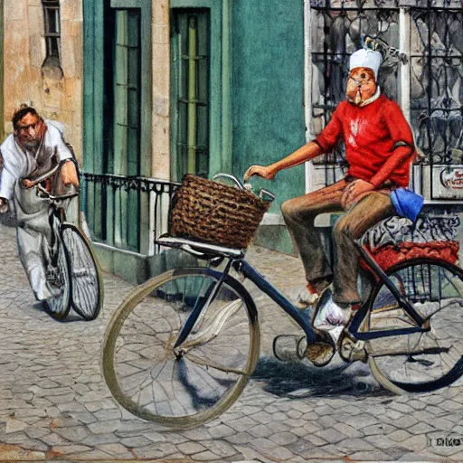 Prompt: a food delivery guy on his bicycle at the streets of Lisbon, art by Stephen Hickman