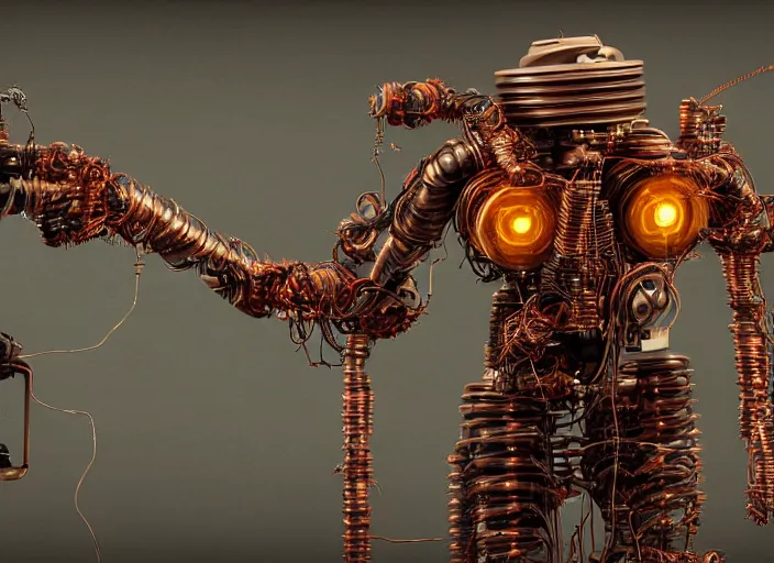 Image similar to Techno-biological rusty robot geisha consisting of wires and actuators. Biopunk, body armor, high detail, photorealism, full length view, concept art, dark background, Dan Mumford, Quixel Megascans, kanji tattoos and decals, octane render, 16k, 8k