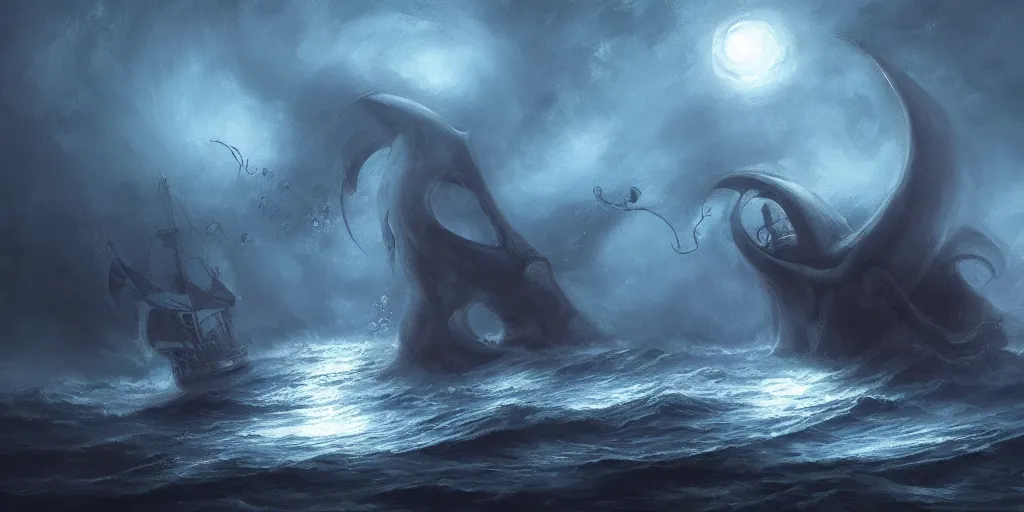 Prompt: a ship being attacked by a cthulhu in an ocean, moon, digital painting, artstation, dark, fog