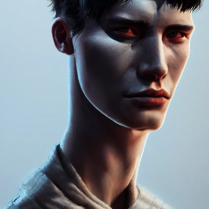 Image similar to portrait of a male model with a scar over his eye, by Tooth Wu, wlop, beeple, dan mumford. octane render, trending on artstation, greg rutkowski very coherent symmetrical artwork. cinematic, hyper realism, high detail, octane render, 8k, iridescent accents