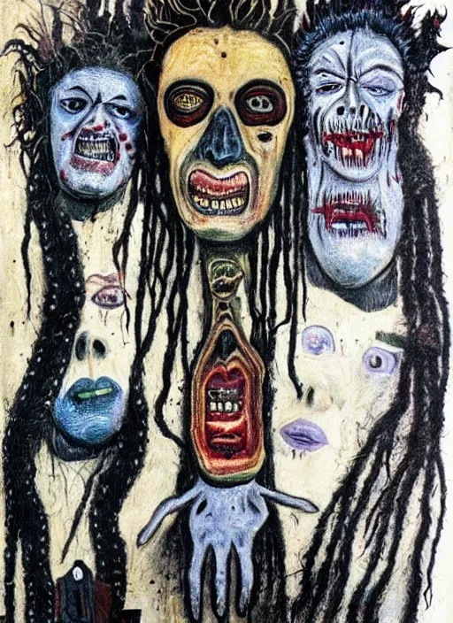 Image similar to a horror portrait of art brut by a psycho man with dreadlocks, full color outsider crazy marginal art