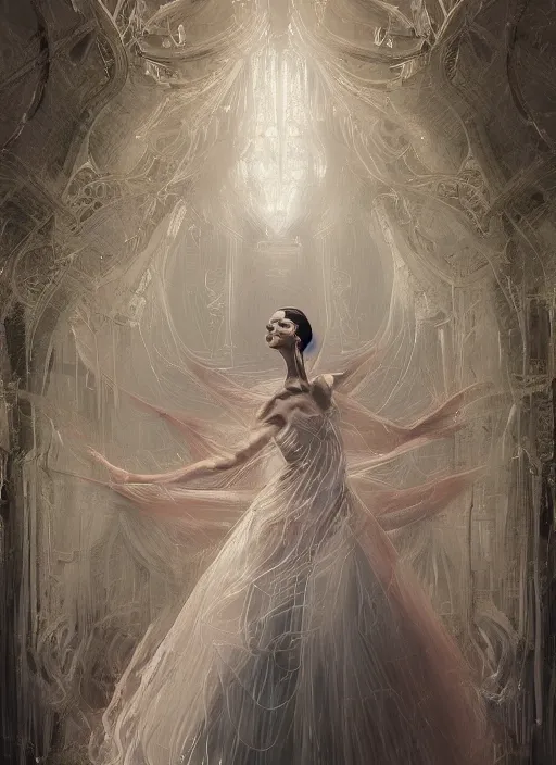 Image similar to portrait of a ballerina in a long flowing gown. intricate abstract. intricate artwork. by tooth wu, wlop, beeple, dan mumford. trending on artstation, greg rutkowski very coherent symmetrical artwork. cinematic, hyper realism, high detail, octane render, 8 k, iridescent accents